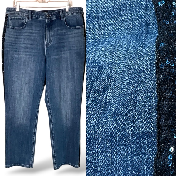 TALBOTS Cotton High Rise Straight Ankle Jean Lace Sequin Tuxedo Stripe US Sz 16 - Picture 1 of 11